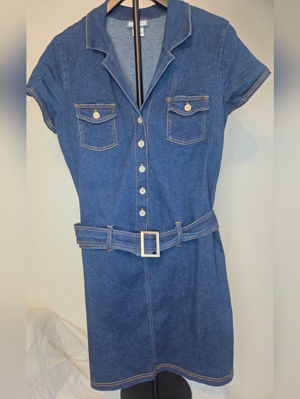Aqua Blu Dark Blue Denim Shirt Dress with Belt-Size Large